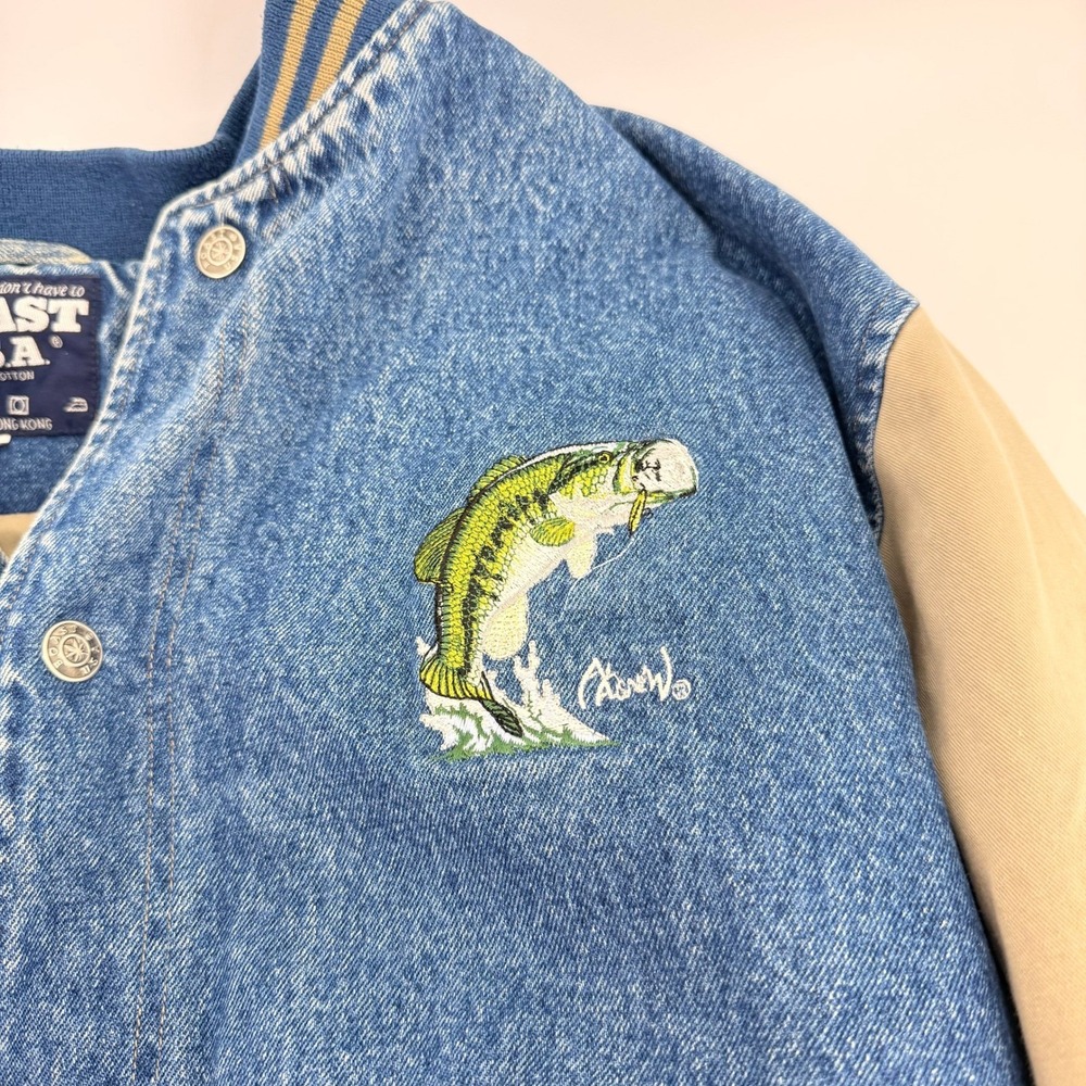 Vintage Boast USA Al Agnew Bass Fishing Denim Varsity Jacket 2XL Embroidered - Picture 5 of 10